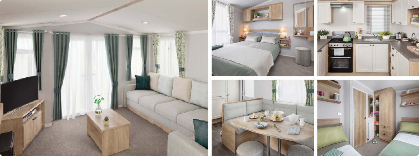 Collage of four modern mobile home interiors: a living room with sectional sofa and tv, a cozy bedroom, a kitchen with appliances, and a dining area with a set table.