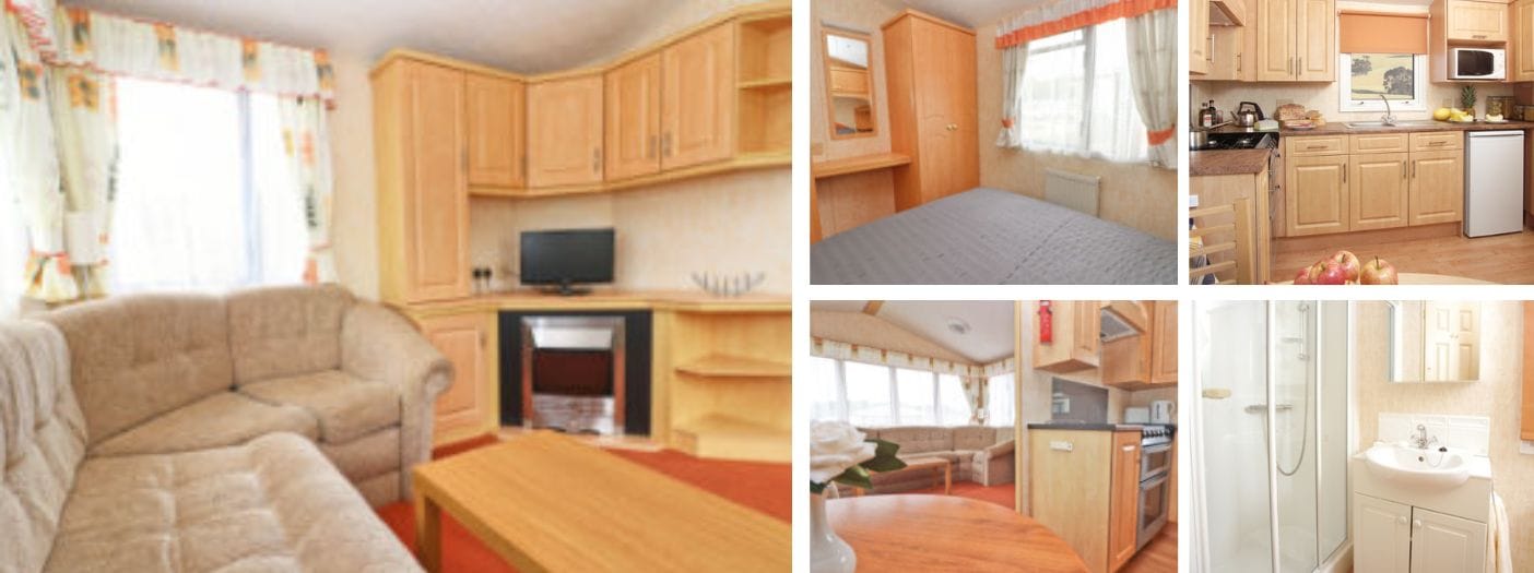 Collage of various rooms in a luxury campsite including a kitchen with wooden cabinets, a living room with a beige sofa, a bedroom with a simple bed, and a small bathroom with white fixtures.