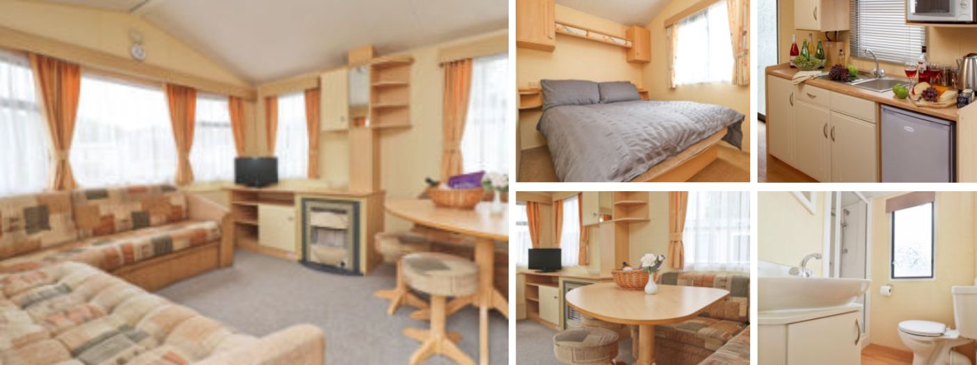A collage showing various rooms inside a mobile home at Monkey Tree luxury campsite in Cornwall: a living area with sofas and TV, a bedroom with a bed, a kitchen with appliances, and a small