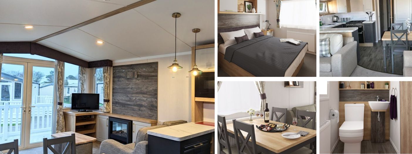 Collage of a modern apartment interior located in a holiday park in Cornwall, showing a living room with a TV, a bedroom, a kitchen, and a bathroom, all designed in cozy, neutral tones