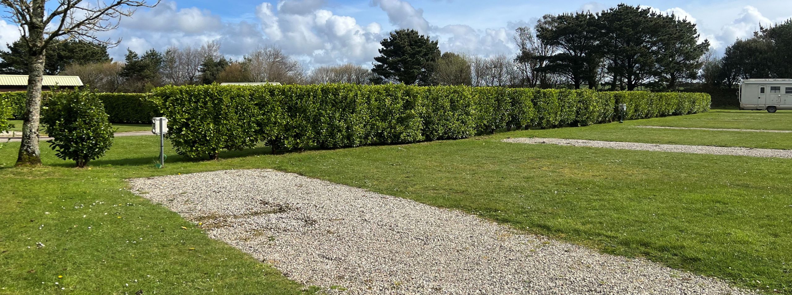 A long, well-trimmed hedge beside a gravel pathway under a clear sky, with open grass areas and a caravan in the distance on the right at a Cornwall campsite.