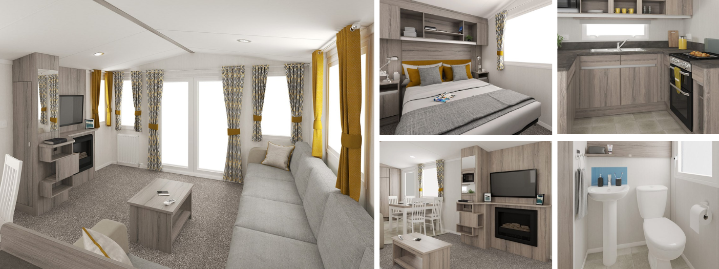 Four-panel image showcasing various rooms of a modern apartment in Cornwall with neutral tones. It features a living room, bedroom, kitchen, and bathroom, all elegantly furnished and well-lit.