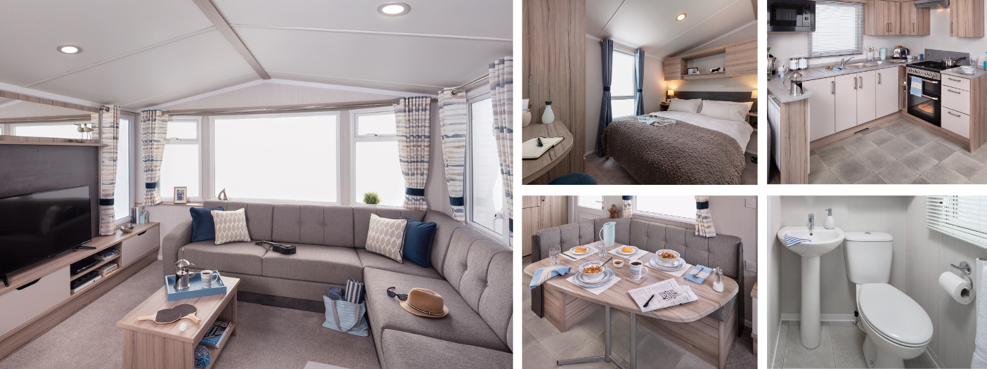 Collage of a luxury caravan interior including a living area with a large couch and TV, a cozy bedroom, a dining area set for breakfast, and a compact bathroom with a sink and toilet.