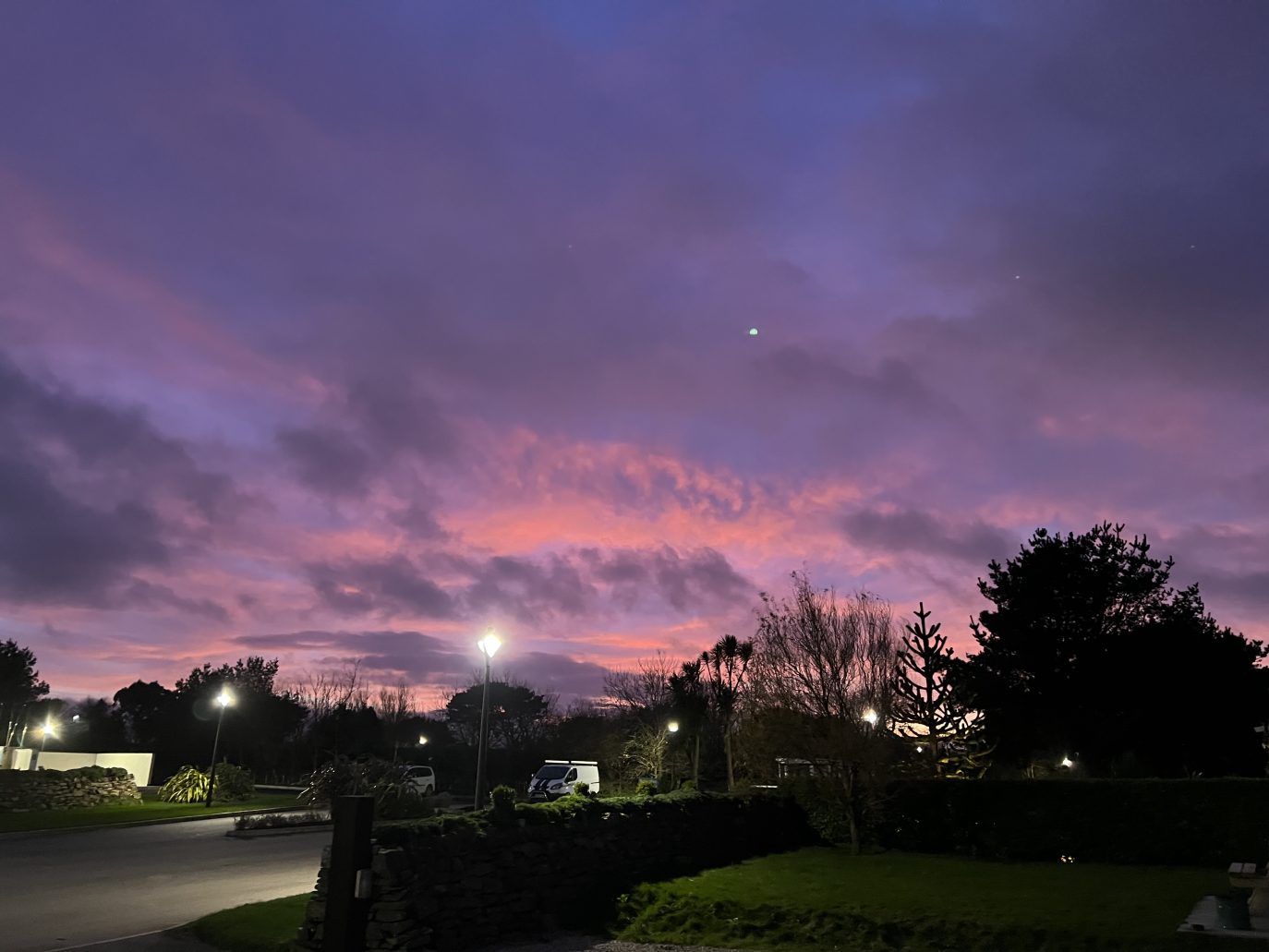 A dramatic sunset with vibrant purple and pink clouds over a suburban landscape featuring trees, monkey tree, and streetlights.