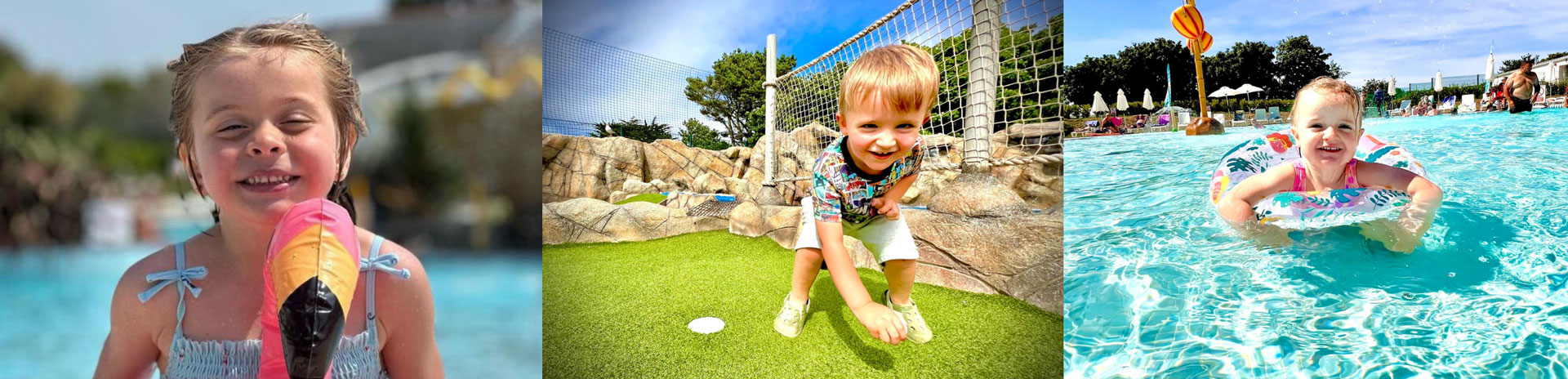 Children enjoying family-friendly activities, including swimming and mini-golf, at a Cornwall holiday park.