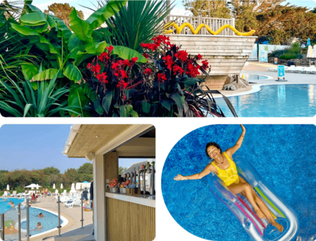 A collage of three images captures the essence of Cornish holidays: vibrant red flowers by a pool with a pirate ship, a poolside bar offering various beverages, and a woman in a yellow swimsuit smiling on an inflatable raft in the blue Cornwall pool.