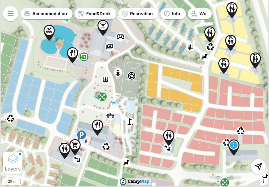 Monkey Tree holiday park map showing the different facilities and accommodation locations