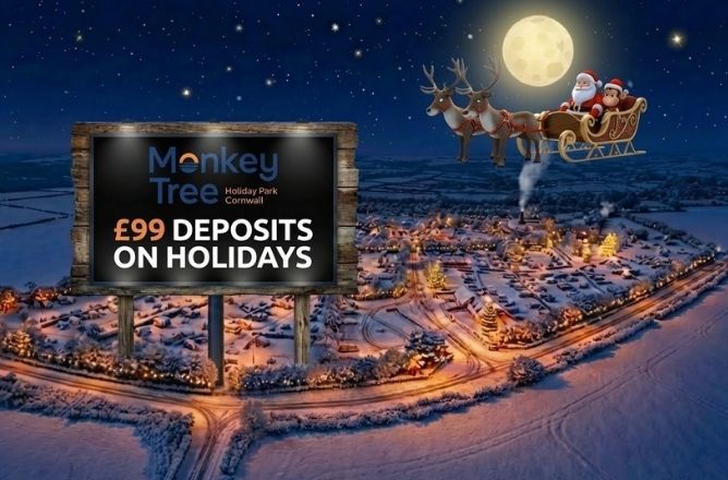 Santa and funky monkey flying over Monkey Tree Holiday Park and over a billboard that mentions £99 deposits on 2026 Holidays