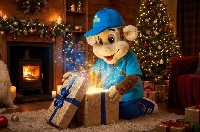 Funky monkey opening a present on the 12 days of Christmas Giveaway. He kneels in front of a warm fire and cosy christmas tree